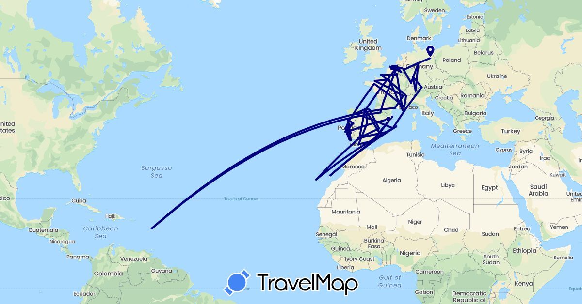 TravelMap itinerary: driving in Belgium, Switzerland, Germany, Spain, France, Netherlands, Portugal (Europe)